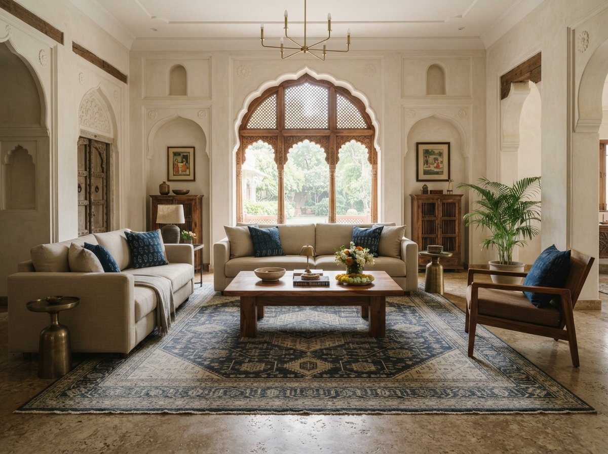 The Mirzapur Mughal Medallion rug styled in a regal Indian stone haveli salon