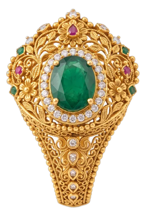 Ornate gold ring with emerald and diamond halo