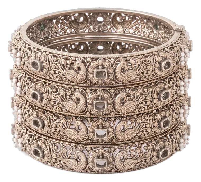 Silver peacock-motif bangle set