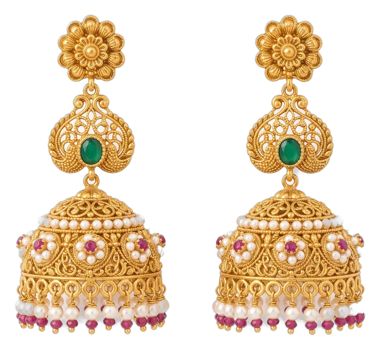 Gold jhumka earrings with pearl and ruby accents