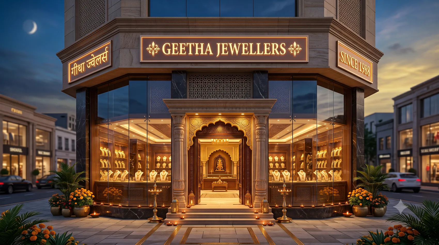 Geetha Jewellers storefront at dusk