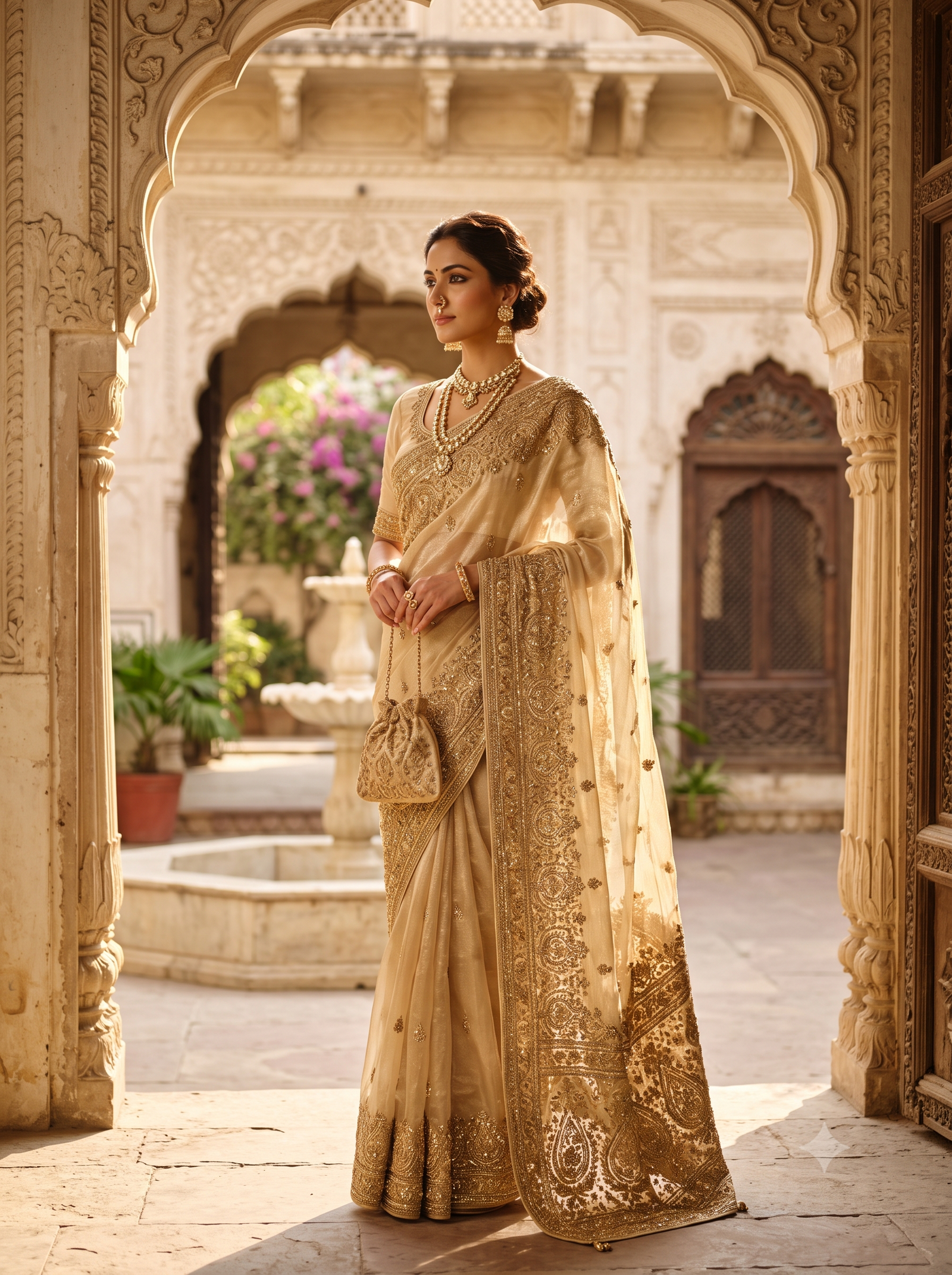 Champagne Tissue and Zardozi Couture Saree in courtyard