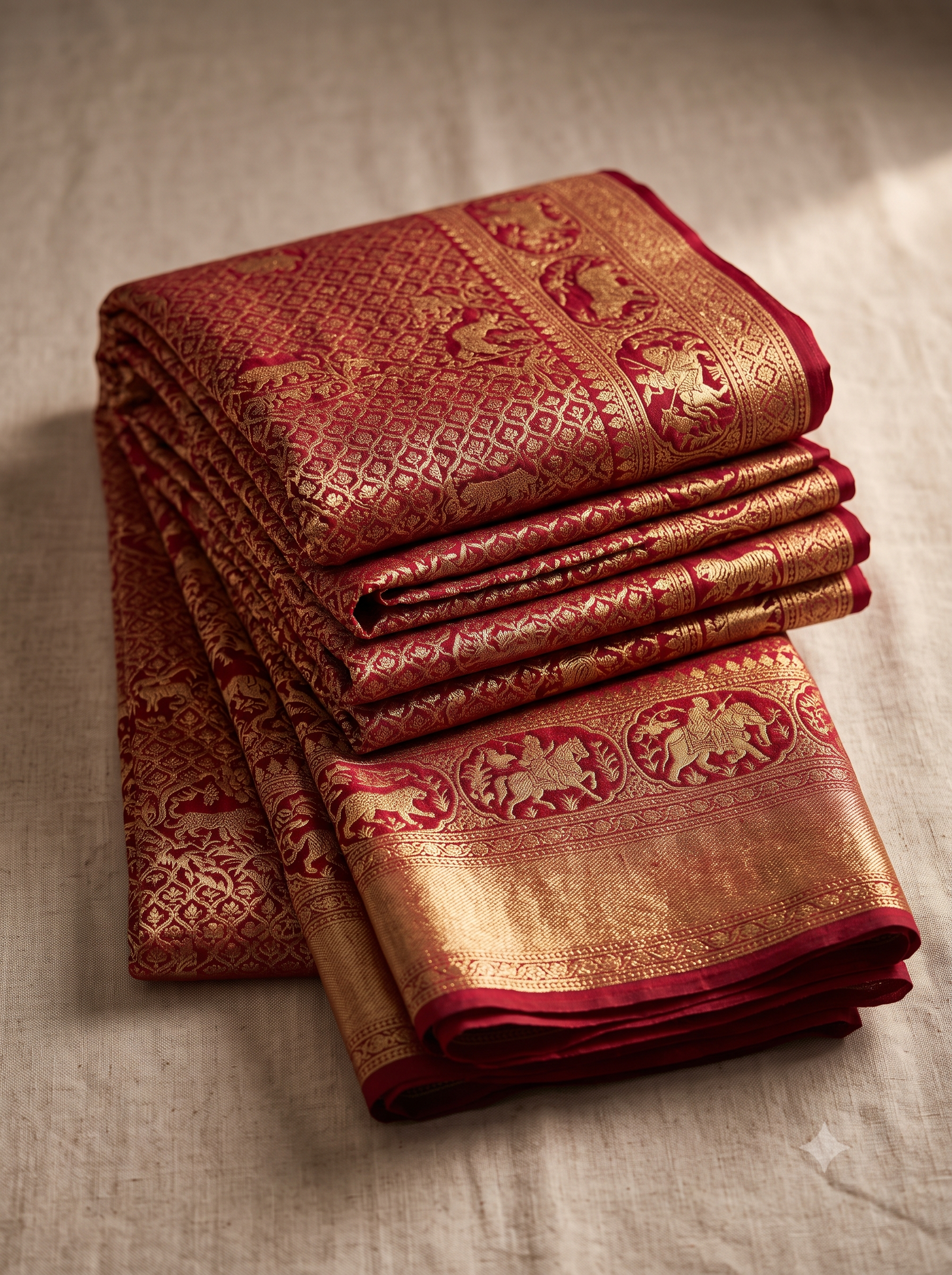 Crimson Banarasi Shikargah Heirloom with pure gold jaal