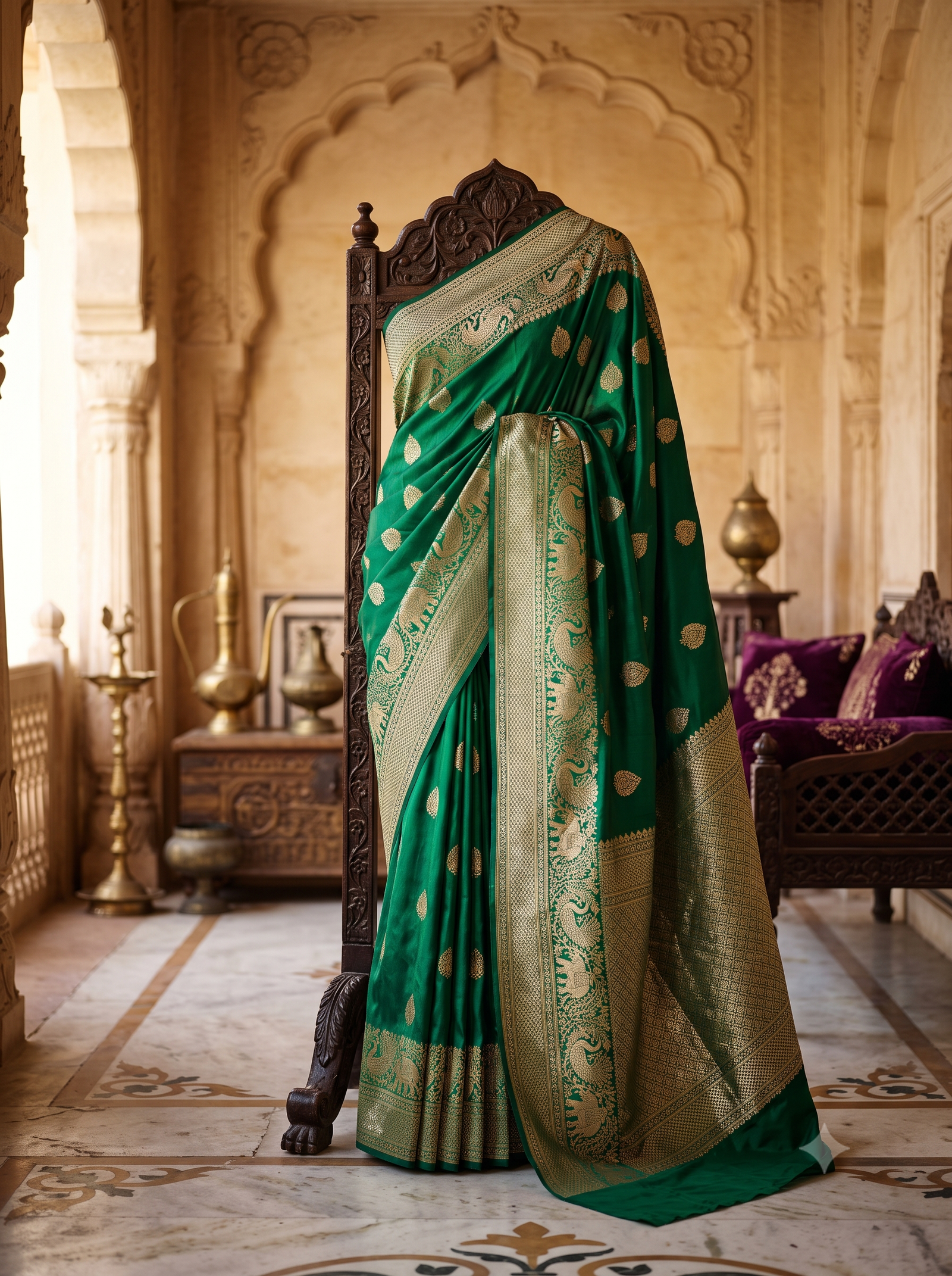 The Mayil Kanjivaram Brocade draped in regal interior