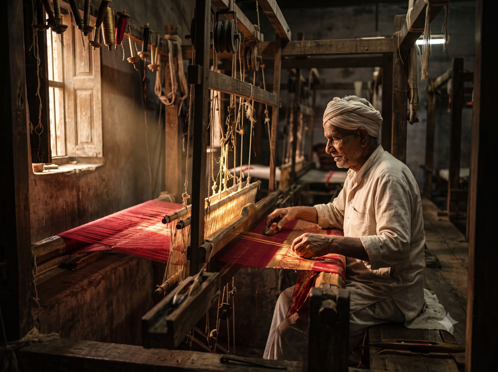 Master weaver Ansari at the historic Varanasi pit loom
