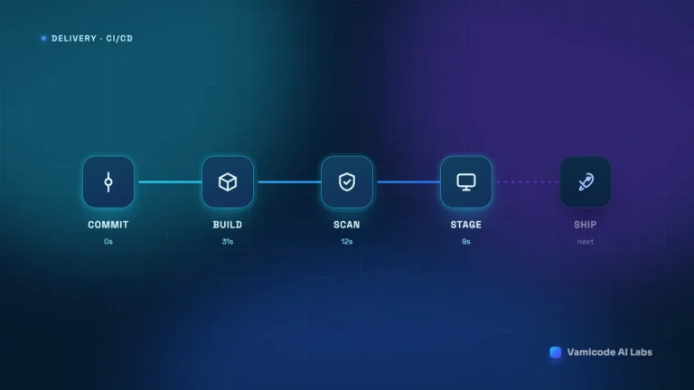 A deployment pipeline showing five stages - commit, build, scan, stage and ship - with the first four complete and timings beneath each
